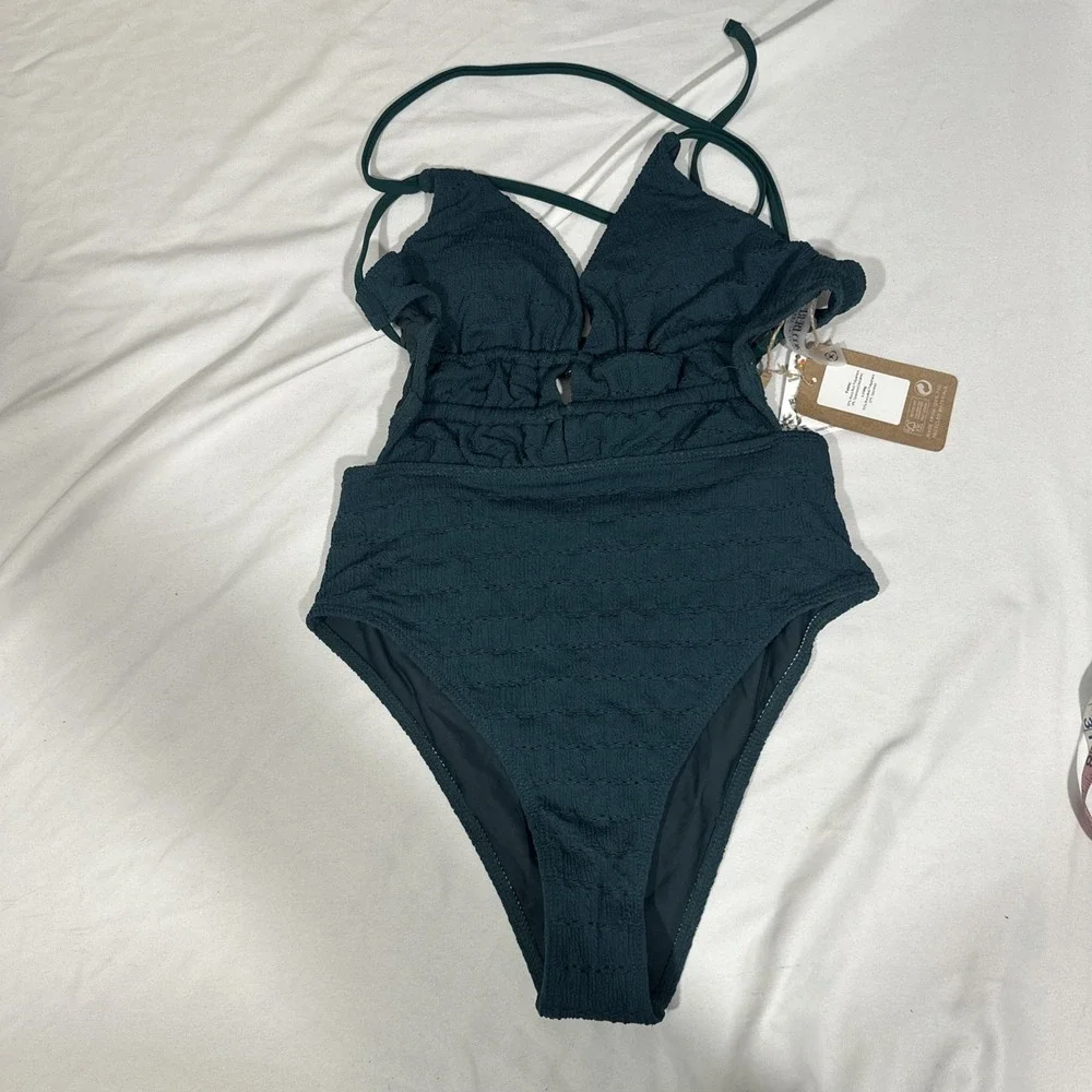 NWT $55 Berlook‎ [ Small ] Dark Green Textured Plunge One-Piece Swimsuit #7077